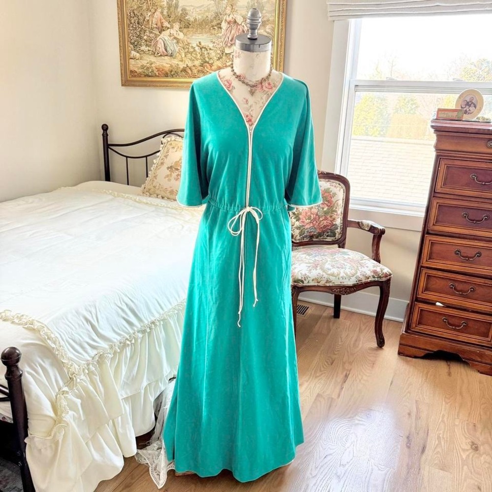 70s teal velour zip front lounge‎ dress Vanity Fair size large